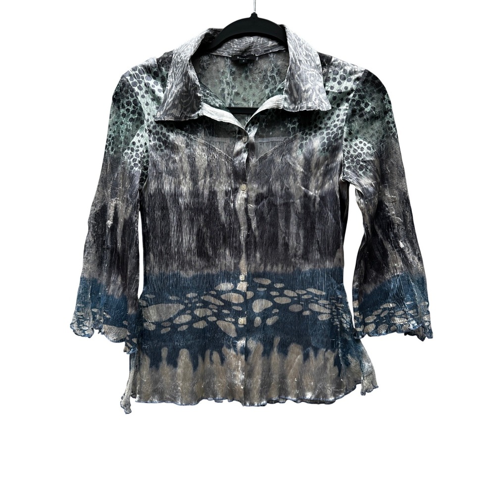 Komarov Vtg Y2K Pleated Crinkle Mesh Lace Button Up Blouse Women Small